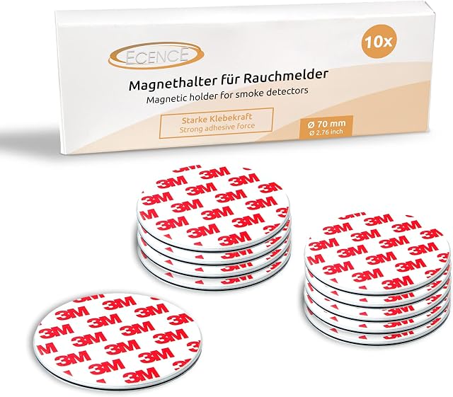 ECENCE 10pcs Magnetic Smoke Detector Mount Magnetic Adhesive Pads for Smoke Alarms Ø 70mm - Fast & Safe Mounting - No Drilling Or Screws - Fire Protection - Installation Tool