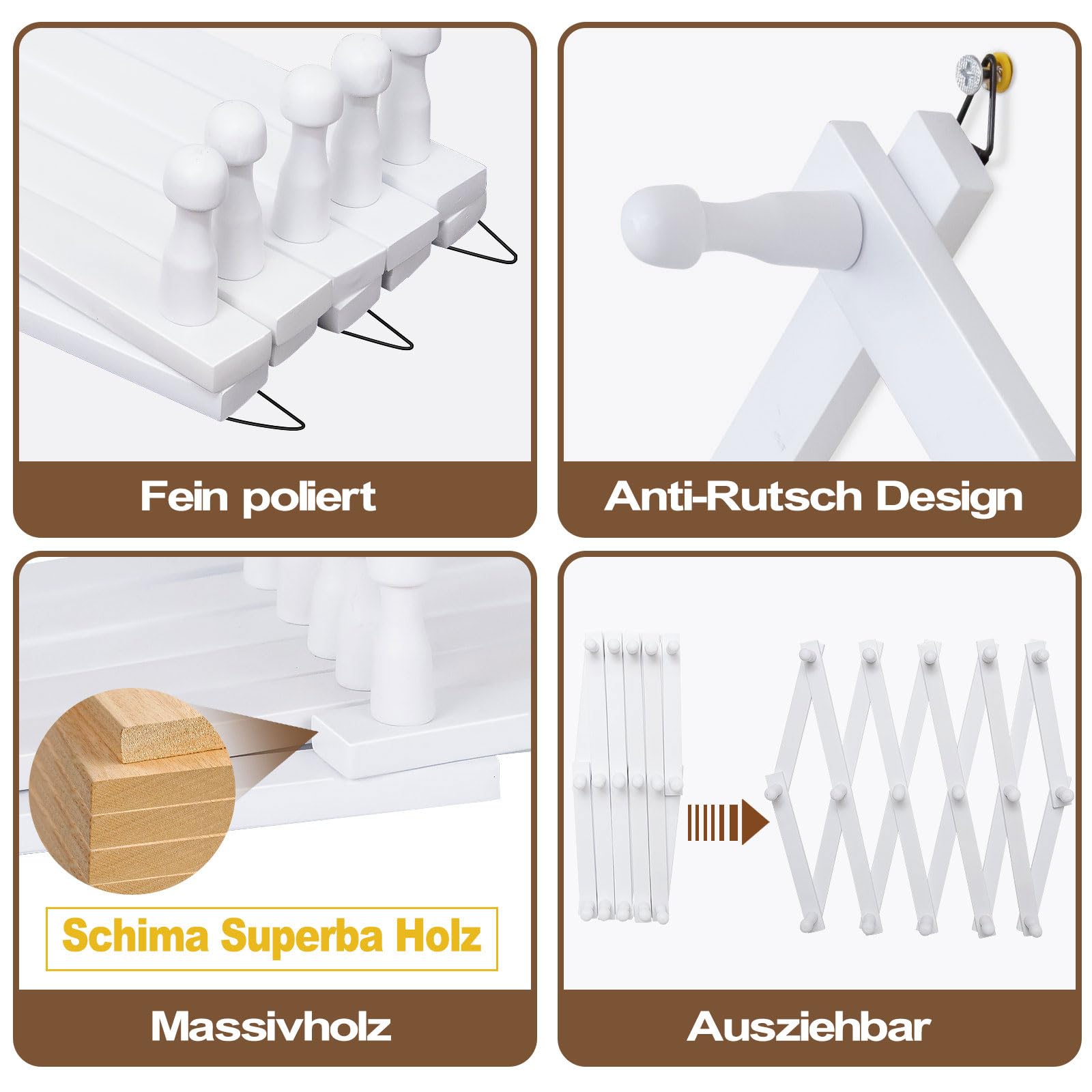 Qiannhee Wandgarderobe aus Massivholz, Verstellbare Garderobenleiste 80-100cm mit 16 Haken, Für Wohnzimmer & Flur（Weiß）