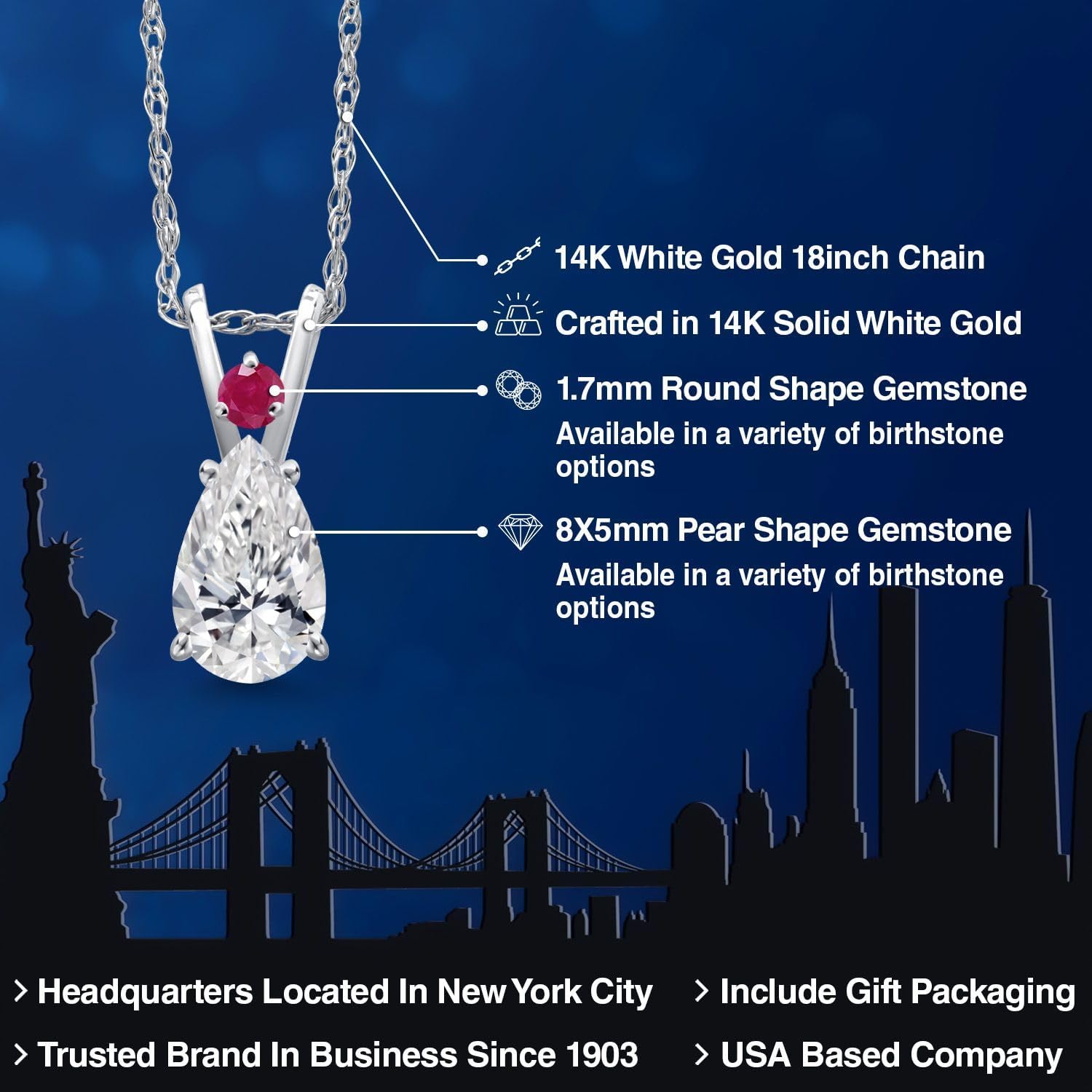 Gem Stone King 14K White Gold DEF Lab Grown Diamond and Red Ruby Pendant Necklace for Women | 0.77 Cttw | Gemstone April Birthstone | Pear Shape 8X5MM | With 18 Inch Chain - Image 2