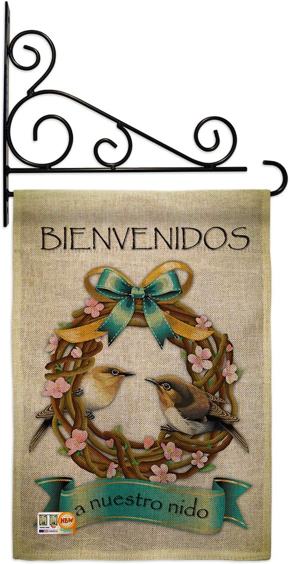 Bienvenidos a Nuestro Nido Burlap Garden Flag Animals Bird Flamingo Hummingbird Cardinal Peacock Springtime Natural Wildlife Small Decorative Gift Yard House Banner Double-Sided Made In USA 13 X 18.5