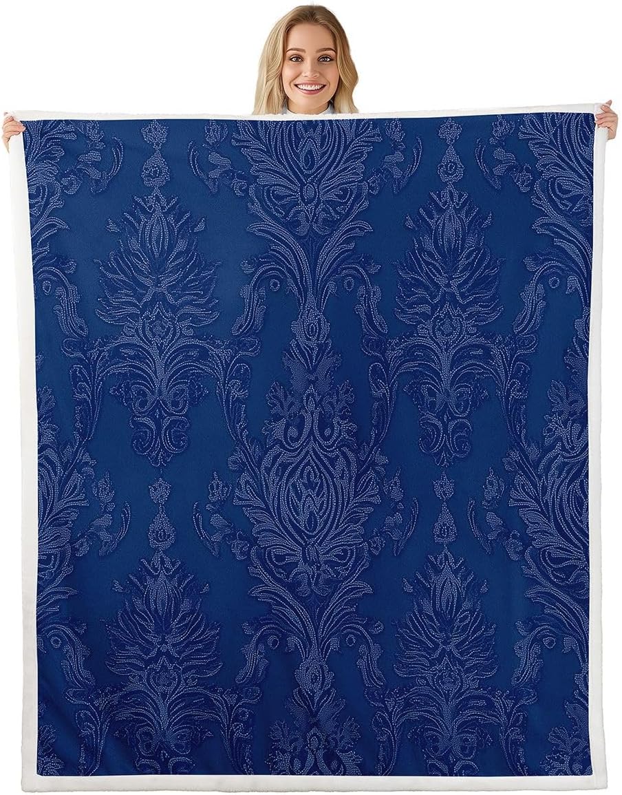Erosebridal Victorian Floral Blanket Twin 60x80 Royal Blue Damask Sherpa Blanket for Bed Sofa Chair Antique Baroque Bedroom Decor Vintage Bohemian Exotic Fuzzy Plush Throw