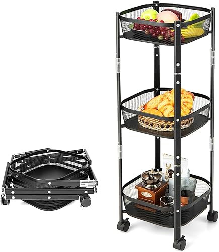 Giantex Cesta de 3 niveles para frutas y verduras Cesta de almacenamiento plegable de alambre de metal de 35 pulgadas con ruedas no requiere