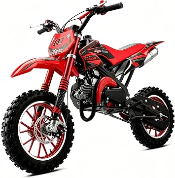50cc Kids Dirt Bike, 2-Stroke Gas Powered Mini Motorcycle for Ages 8-14, 2026 Upgraded Model with Front & Rear Disc Brakes, Double Shock Absorption and Max Speed 40MPH 02-red