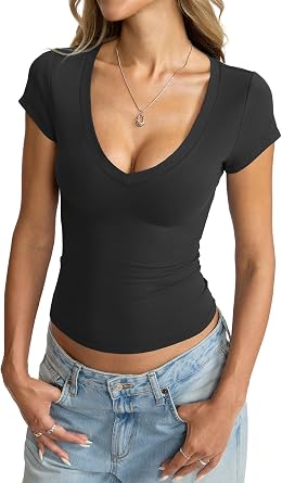 EasyGala Womens Deep V Neck Short Sleeve Shirts Sexy Slim Fitted Crop Tops