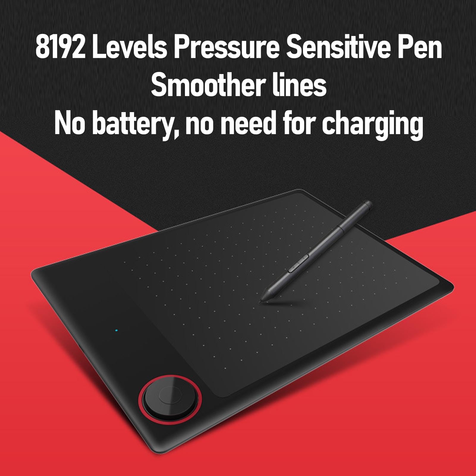 10x6 inch Portable Graphics Drawing Tablet, Digital Art Tablet with 8192 Pressure Sensitivity No Battery Pen and 1 Flywheel M Key, for Mac, PC and Android
