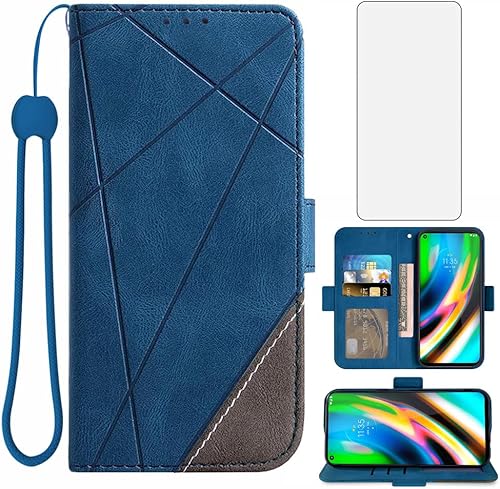 Asuwish Compatible con Moto G9 Plus Funda tipo cartera y protector de pantalla de vidrio templado, funda de cuero con tapa para tarjetero,