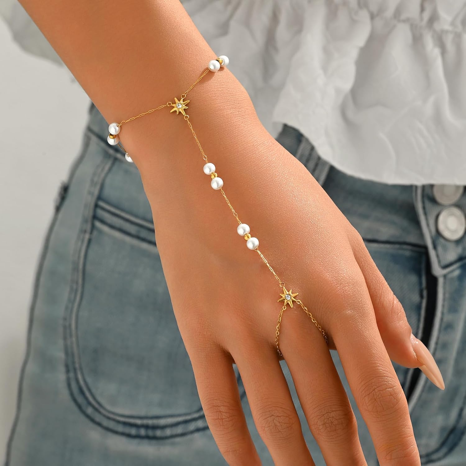 Gold Hand Chain Bracelet for Women 18K Gold Plated Stainless Steel Ring Bracelet Hand Chain with Pearl Star CZ Adjustable Hand Jewelry Chain Gifts