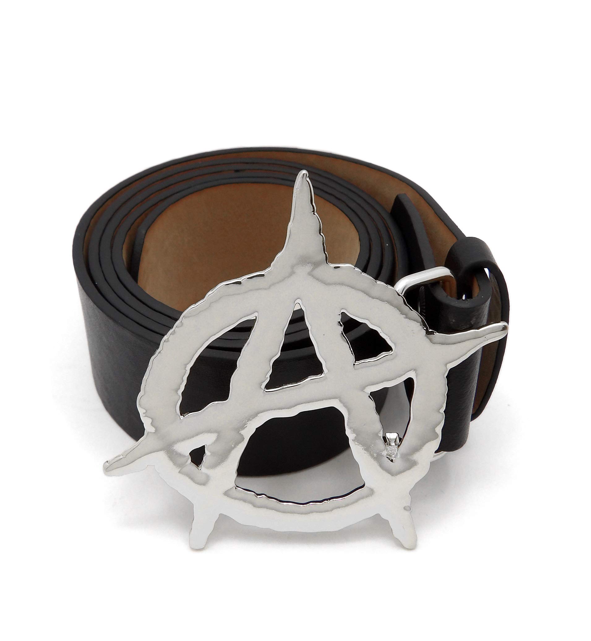 BLINGFACTORY Hip Hop Collection Fashion White Gold Plated Anarchy Fashion Buckle & Leather Belt (Belt Size - 1.5