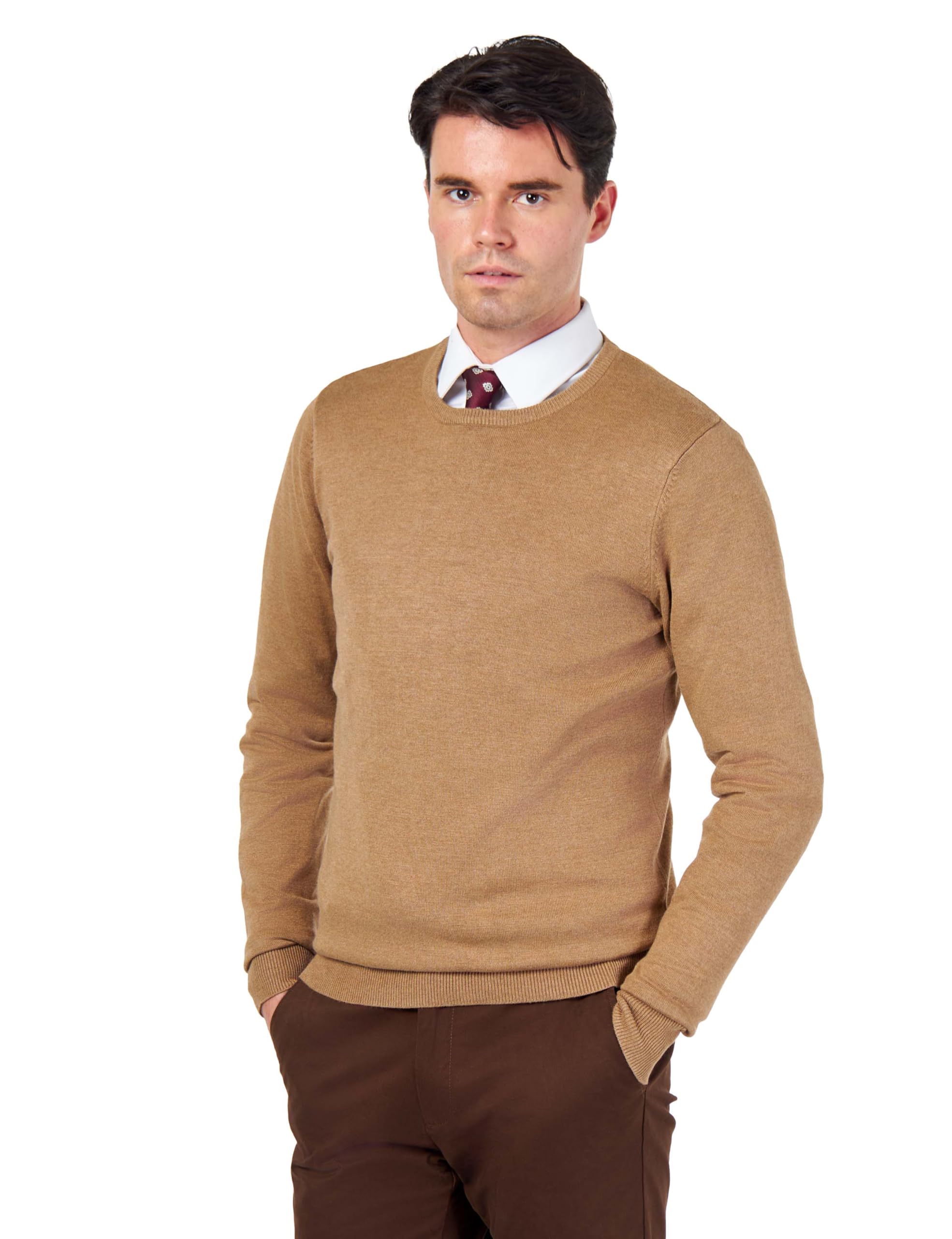 Mens Pure Cotton Camel Round Crew Neck Jumper Classic Fine Knit Lightweight Pullover Sweater [JUMPER-CREW-NECK-542-CAMEL-3XL]