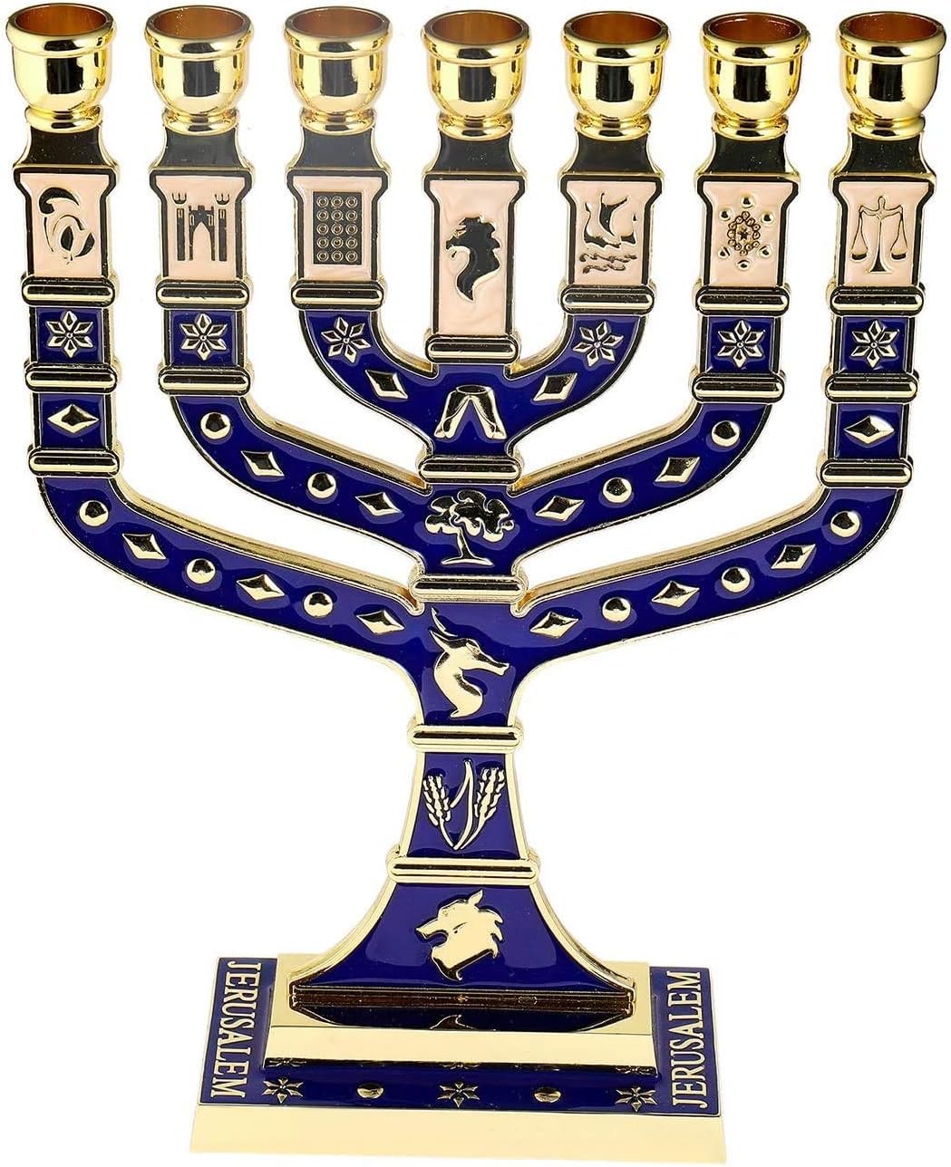 Gold Jerusalem Menorah, Decorative Judaica Candle Holder 7 Branch Shalom Israel Menorah Jewish Festival 10.8" High