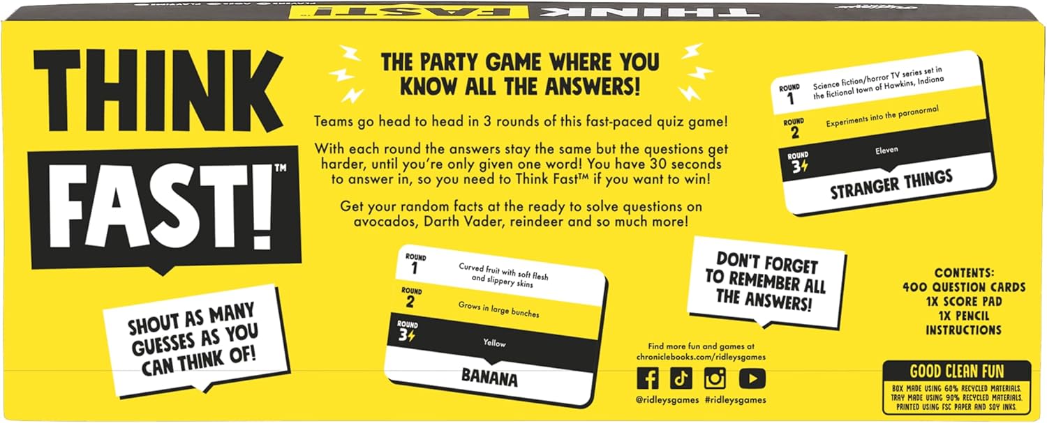 Ridley’s Games: Think Fast! Group Party Game – Fast-Paced, Easy to Play Party Games – Fun for All Ages – Random Trivia Game for Adults and Kids