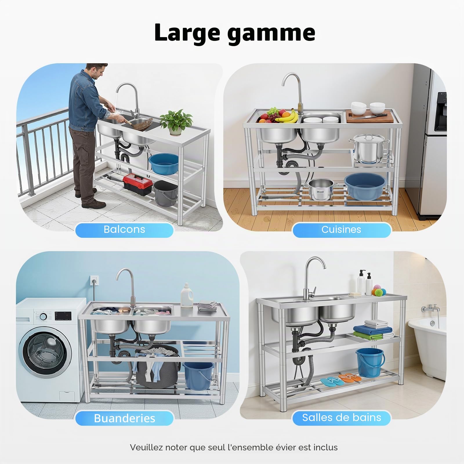 Évier en acier inoxydable - 120 x 45 x 80 cm - 2 bacs - Évier commercial avec robinet, tuyaux d'eau froide et chaude et 3 tuyaux de drainage pour extérieur, intérieur, cuisine, restaurant