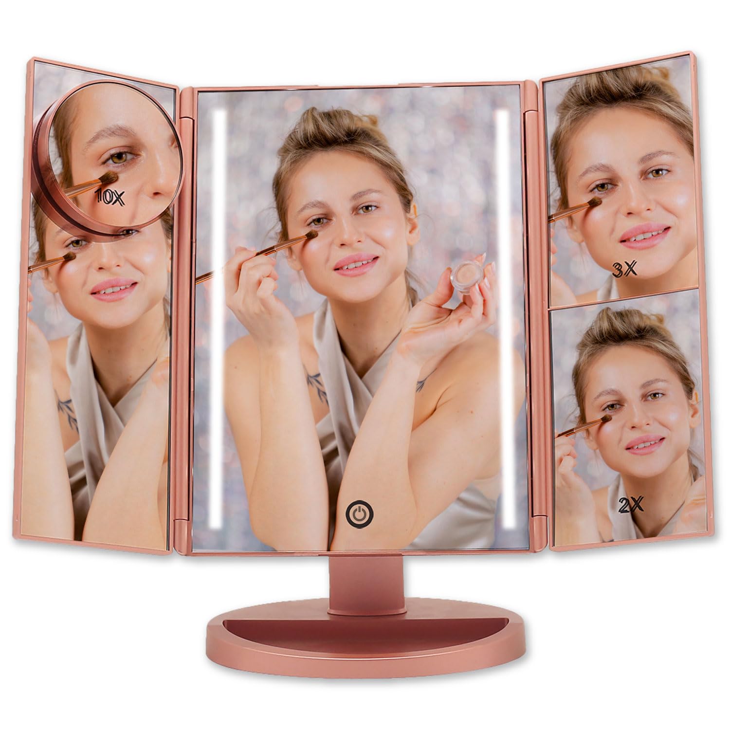 Boston Tech Specchio trucco con luce LED Bellatrix, ingrandimento 1x/2x/3x/10x, specchio pieghevole a 3 pannelli, rotazione 180°, touchscreen, doppia alimentazione e design elegante