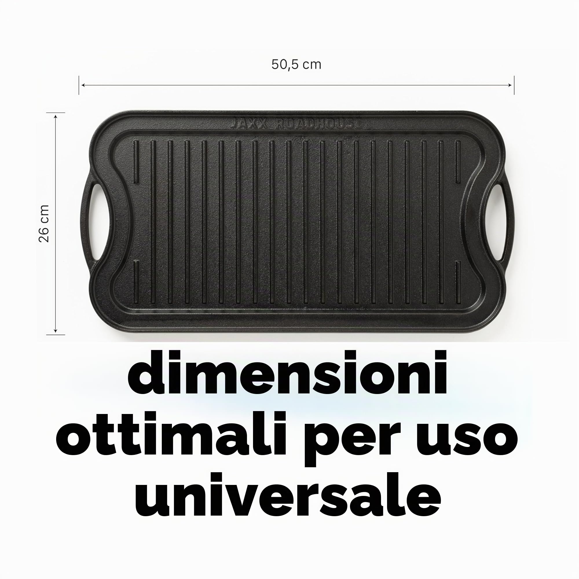 JAXX ROADHOUSE Piastra in ghisa | Piastra in ghisa da posizionare su barbecue a carbone/gas e forno e fornelli | Plancha, Teppanyaki, hamburger, verdure, 50,5 x 26 x 2,5 cm