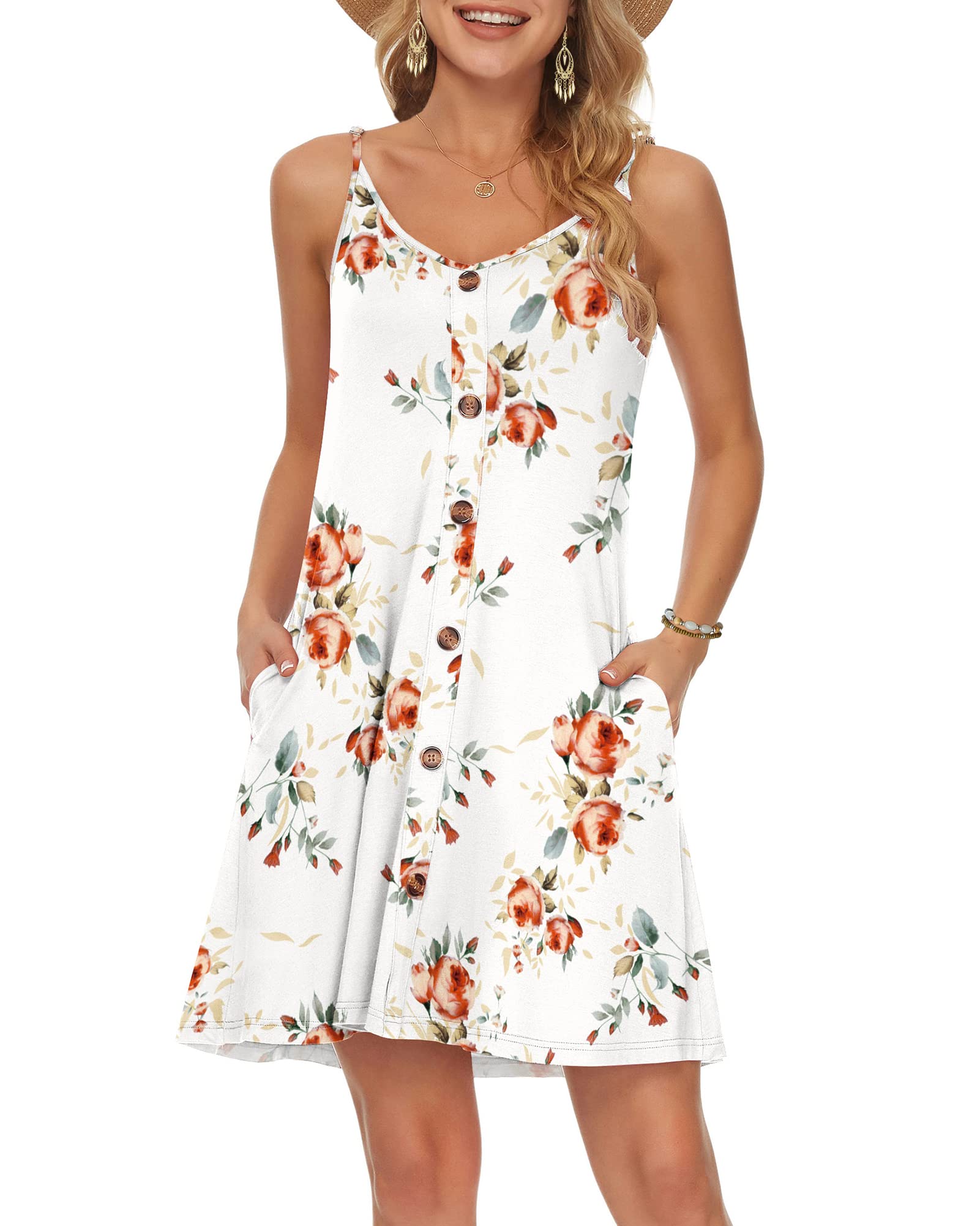 WNEEDU Vestido Mujer Verano Playa Correa Vestidos Corto Cuello en V Casual con Bolsillos