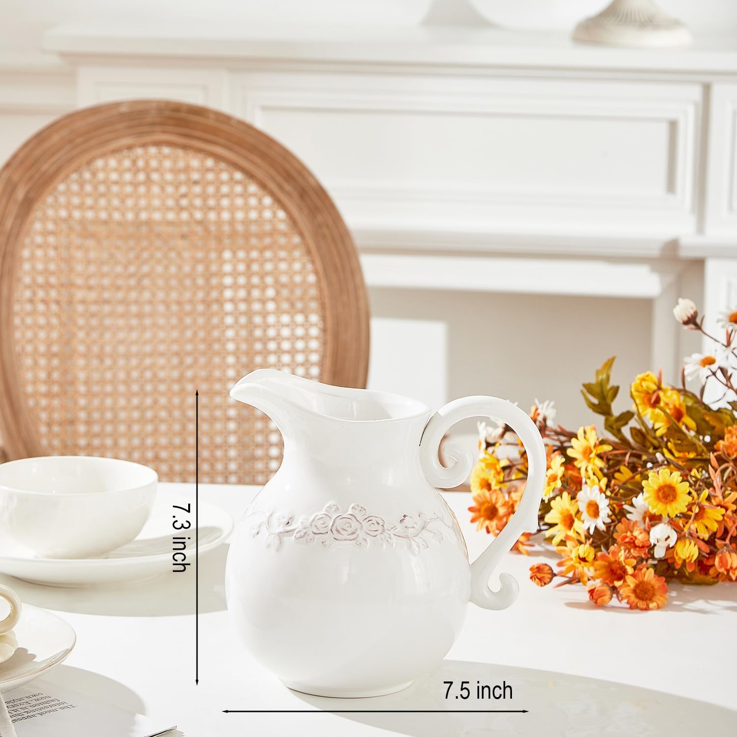 Ceramic Pitcher White Flower Vase, Farmhouse Ceramic Jug Vase for Home Décor, 7.3 inch Height. - Image 3