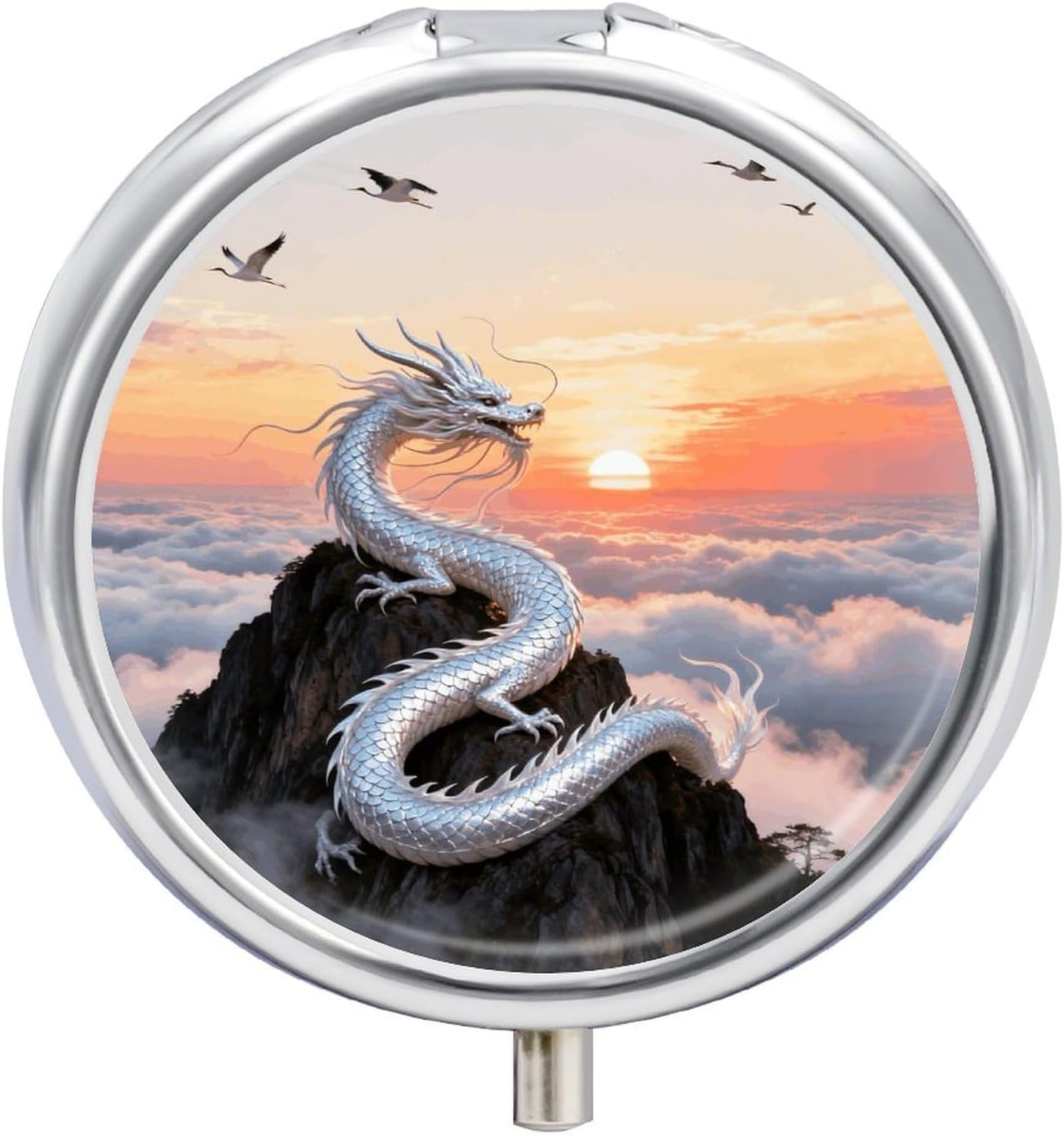 Silver Dragon 3 Compartments Pill Box with Mirror for Pocket