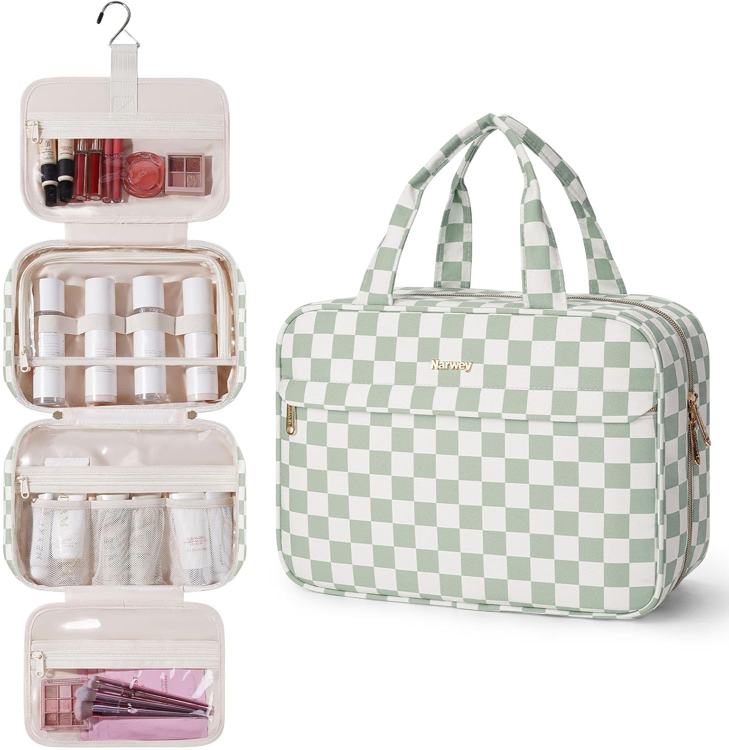 Narwey Hanging Travel Toiletry Bag for Women Checkered Makeup Bag Organizer Cosmetic Make up Toiletries Bag for Travel Essentials Accessories (Mint Green Checkerboard, Large)
