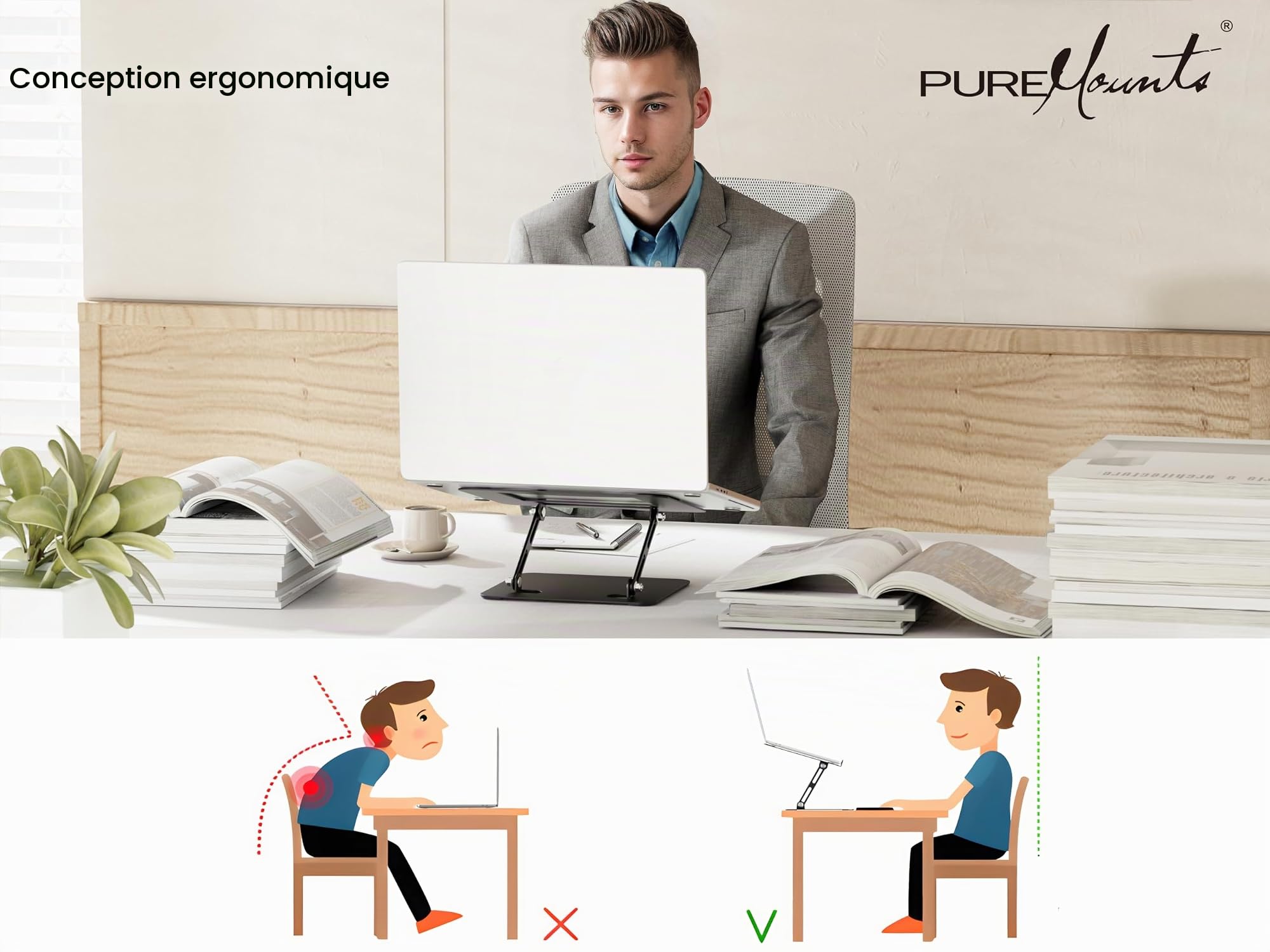 PureMounts Support Ordinateur Portable Réglable Hauteur Pliable Ergonomique Base Pivotante 360° Ventilation Patins Antidérapants Noir