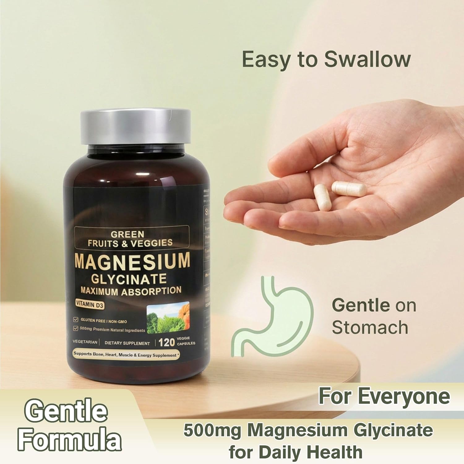 Magnesium Glycinate 500mg, 2 Pack (120 Capsules Each) | Pure Magnesium Complex with Vitamin D3 | High Absorption Supplement for Men & Women | Gentle Magnesium Glycinate Capsules