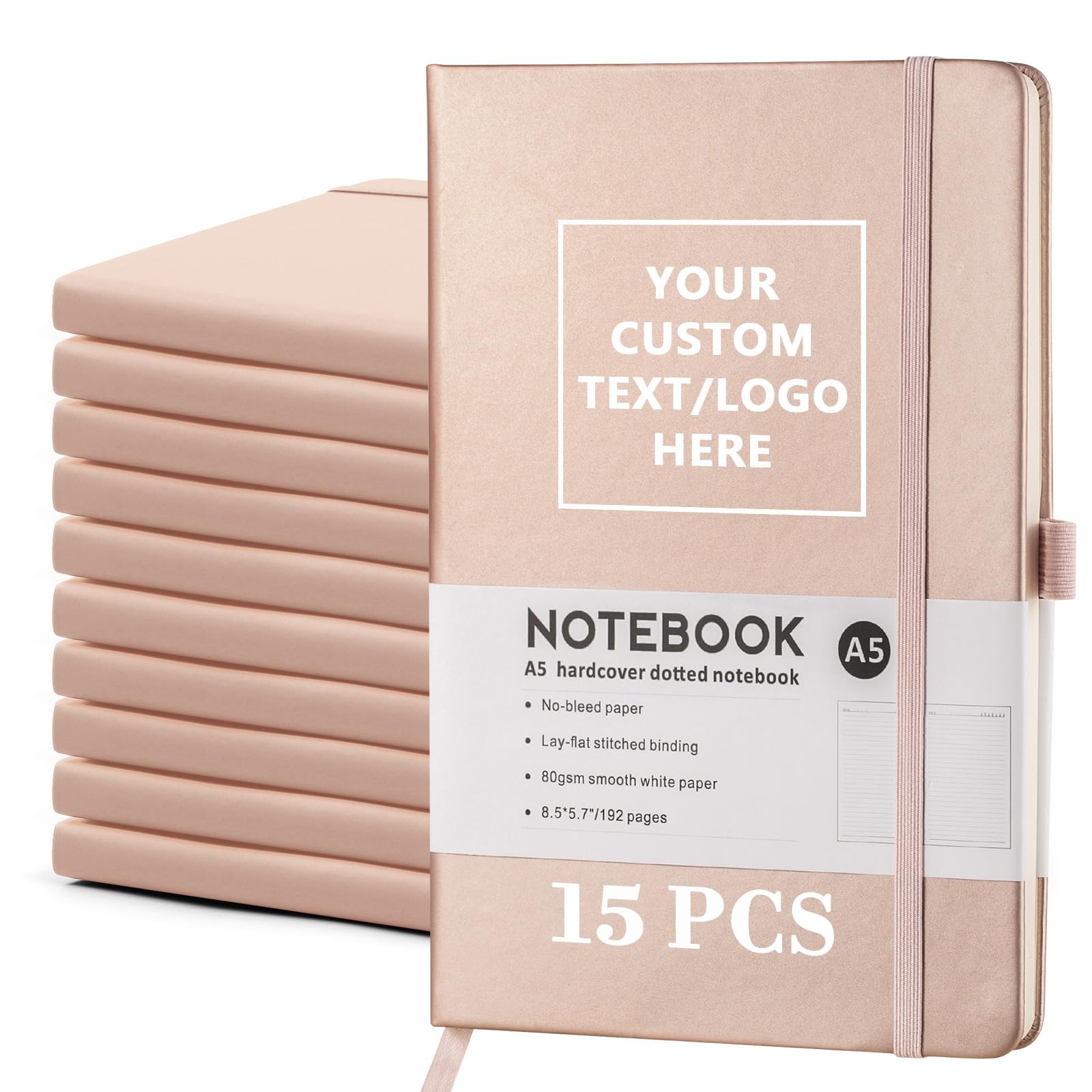 Vebermo Personalized Notebook-Can Engrave Logo/Text/Image, Customizable A5 Journal Notebook Daily Journals For Writing-192 Lined Pages 8.5 x 5.71 Inch,Rose Gold,15 pcs