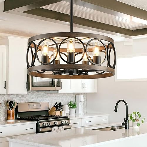 Lámpara de techo semiempotrada, estilo rústico, vintage, 5 luces, 19.7 in, color negro, grano de madera con pantalla redonda de metal para comedor,