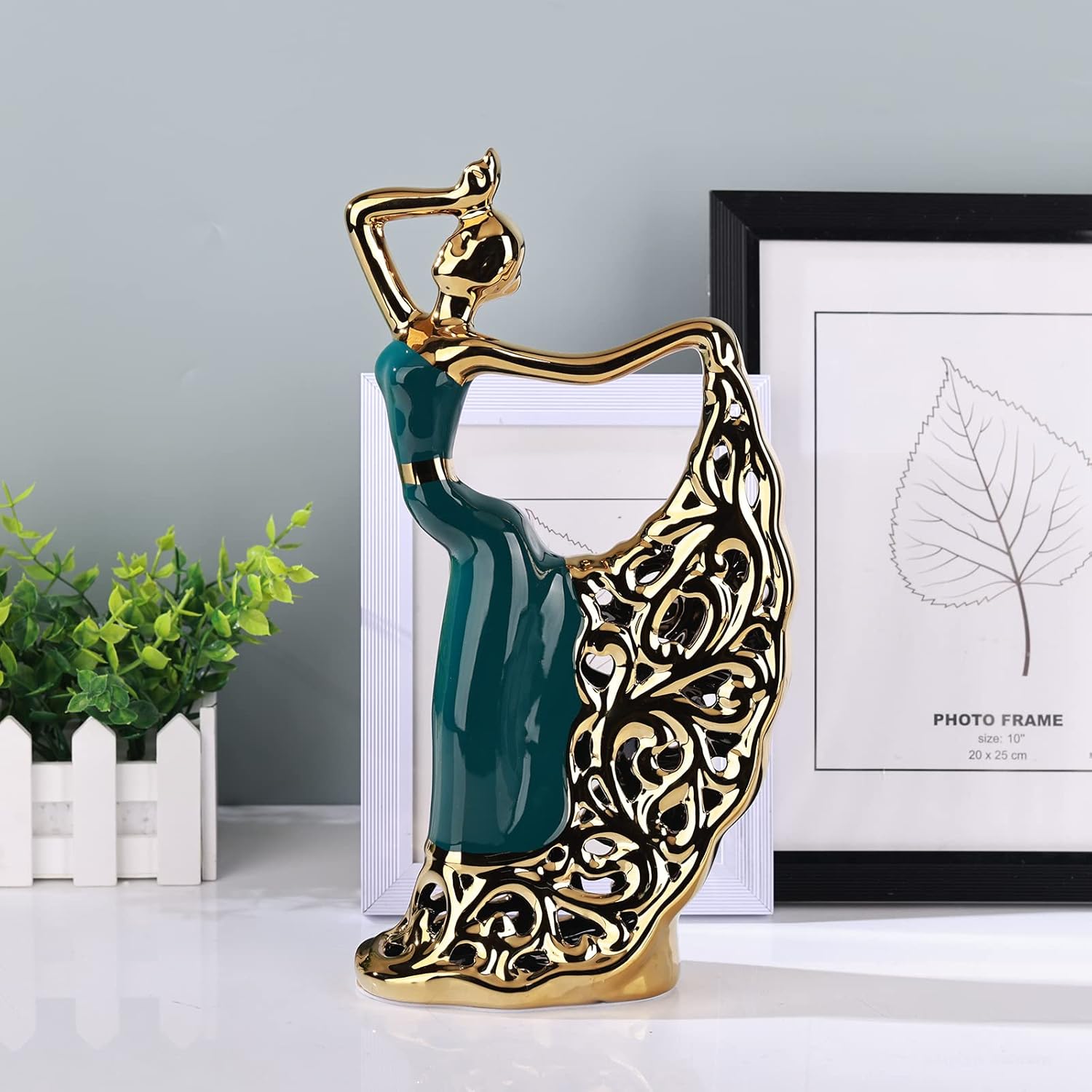 DOVDOV Ceramic Peacock Dancer Statue, Green and Gold Home Decor, Ballerina Sculpture, Peacock Home Decor for Room Corner Shelf Bathroom Shelf Corner Shelf TV Cabinet Corner Counter Top Decoration
