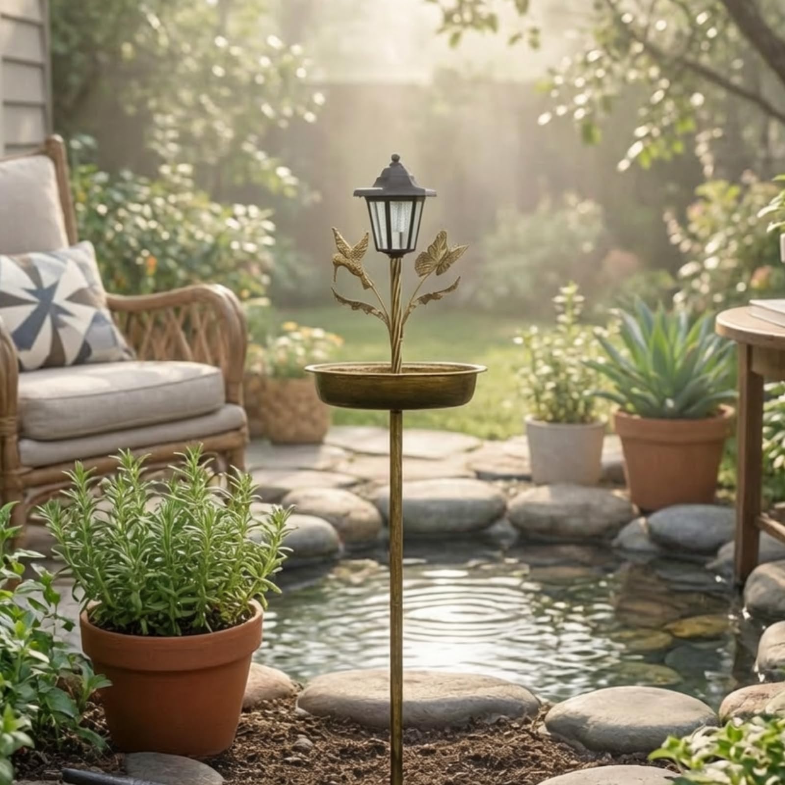 Bagno per Uccelli da Giardino Fontana Ciotola Mangiatoia Decorazione in Lanterna Foglie E Fiori su Picchetto Stabile Adatto per Aiuole Terrazze Cortili