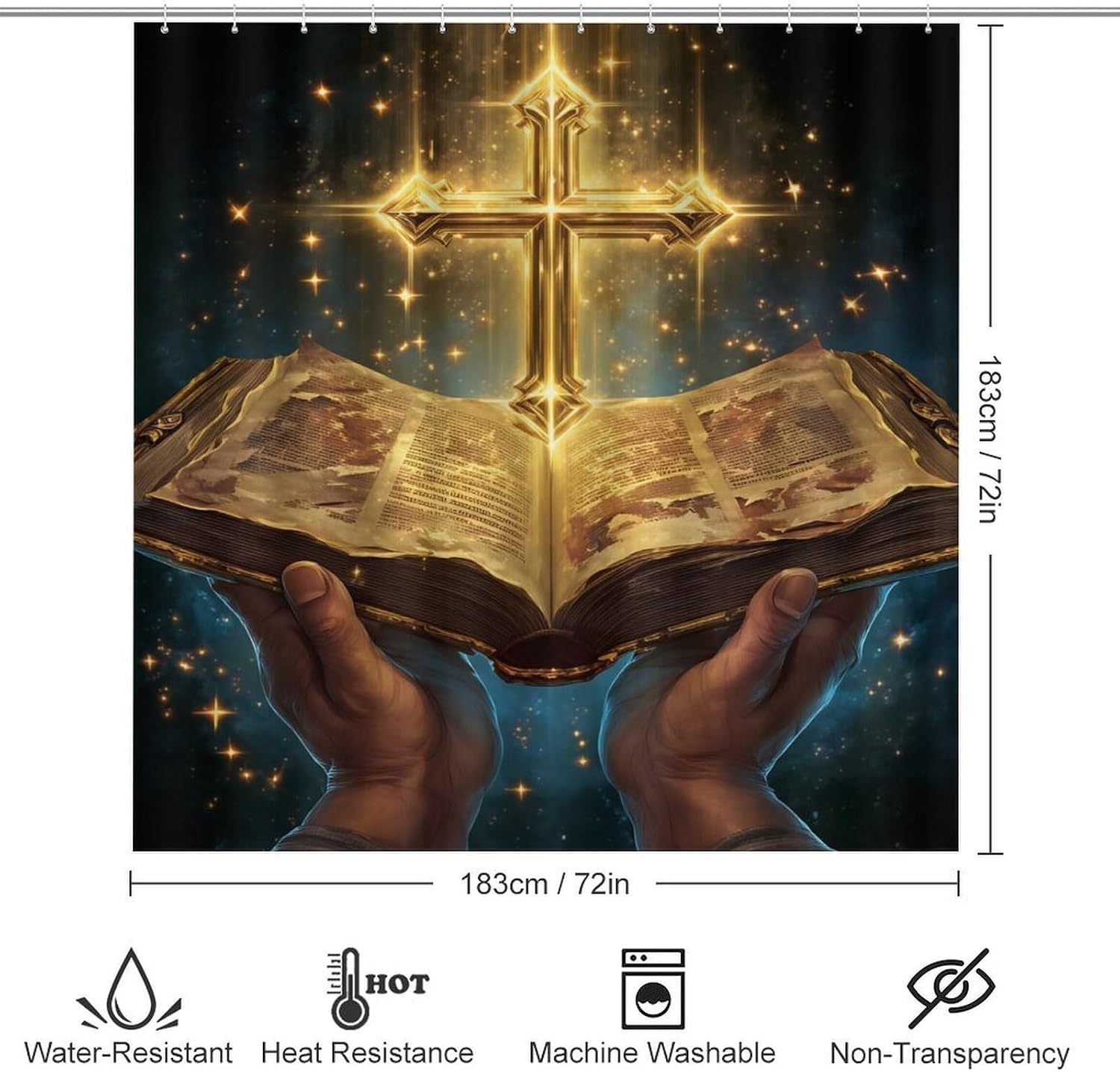 Golden Cross Bible Hands Stars Light 4 PCS Bathroom Set with Shower Curtain Rugs, Ultra Soft Coral Fleece Bath Mat, U-Shaped Rug, Toilet Lid Cover, 72" X 72"