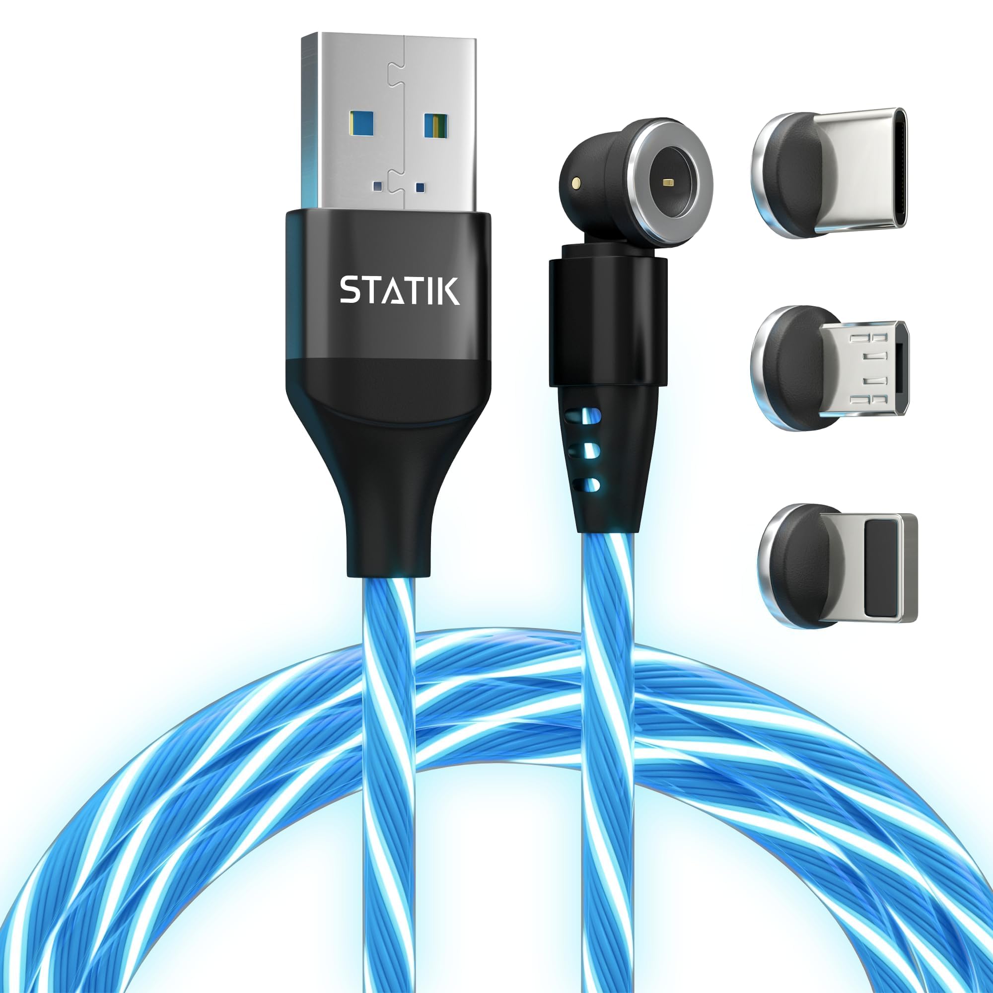 Statik 360 Magnetic Charging Cable - Type C Charger 3 in 1 USB C to USB C Cable, Micro USB & iProduct Tips, USB A Adapter, Phone Charger Cord, Compatible with All Devices - GloBright 6FT/2M