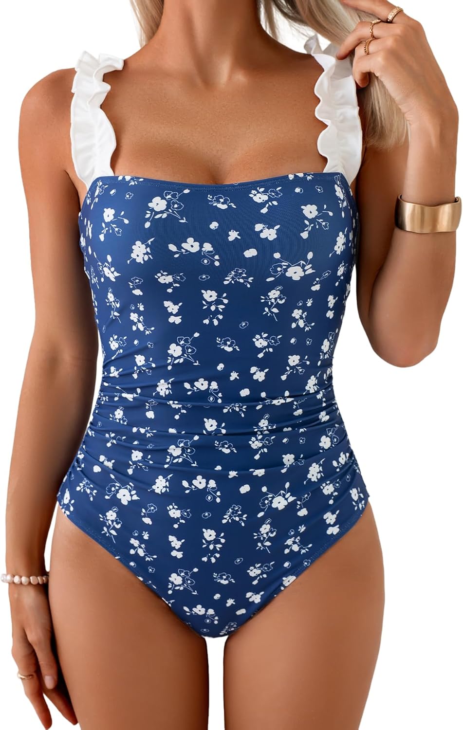 Eomenie Women's One Piece Swimsuit Tummy Control Square Neck Bathing Suit Ruffle Straps Ribbed Swimwear