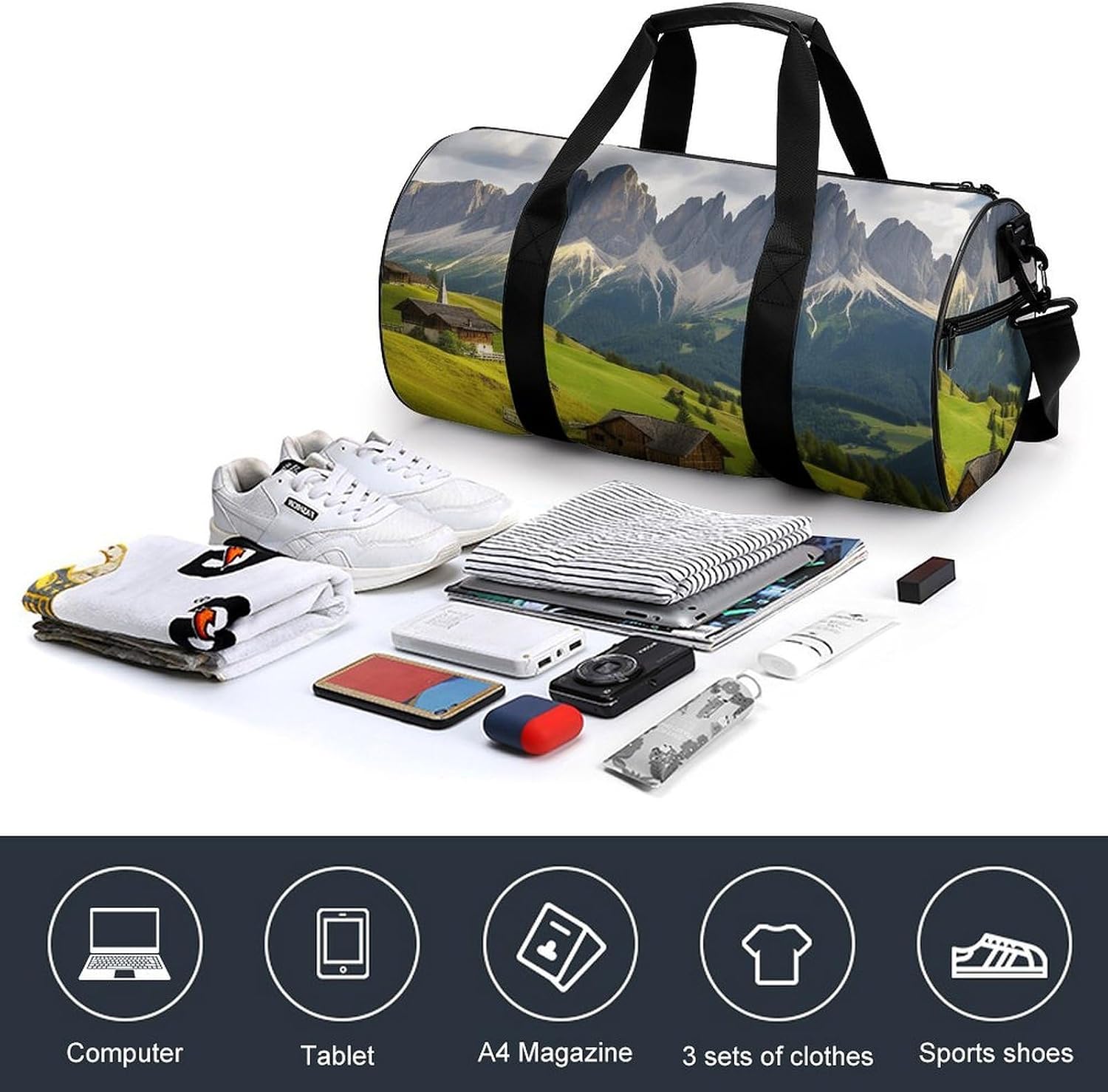 Surrounded by Mountains Gym Bag Hand-held Fitness Bags Cylindrical Fitness Bag with Shoe Large Compartment Duffle Bags for Travel Sports Unisex image 4