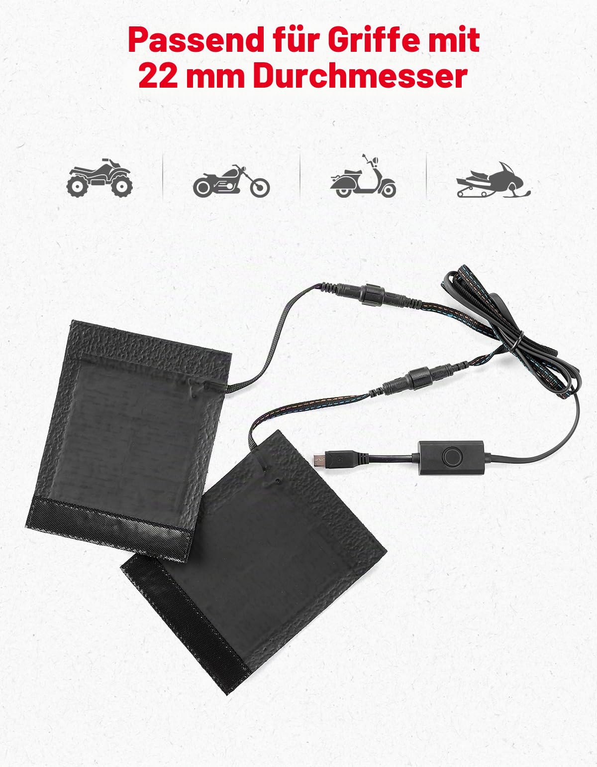 KEMIMOTO Motorrad Heizgriffe, 5-Stufig Einstellbare Typ-C Lenkerheizung, IP67 wasserdichte Heizpads für 22mm Motorradlenke | IP67 wasserdichte beheizte Motorradgriffpolster für 22 mm Motorrad-/ATV-Lenker