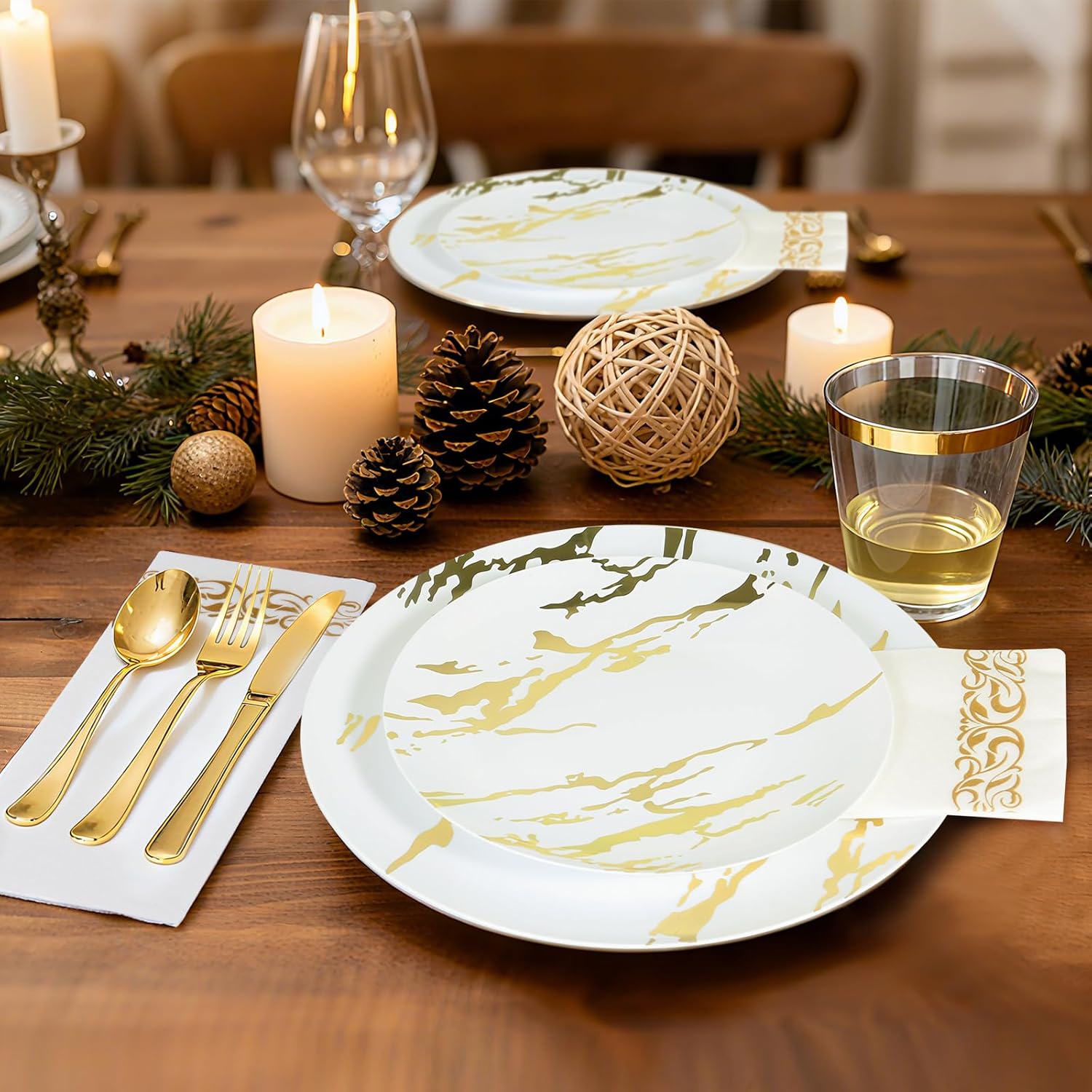 175pcs Gold Plastic Dinnerware Set – Elegant Disposable Plates, Cups, Utensils & Napkins for Wedding, Party, Birthday, Graduation - Image 2