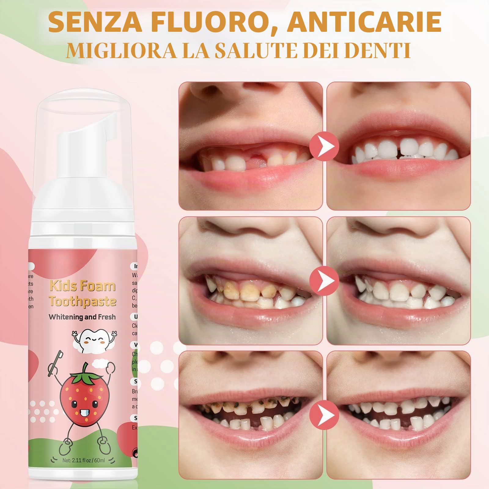 Dentifricio Schiuma Bambini, Riduce la Placca, Dentifricio in Schiuma Sbiancante a Basso Contenuto di Fluoro con Formula Naturale per Spazzolino a Forma di U dai 3 Anni in su (Fragola & Anguria)