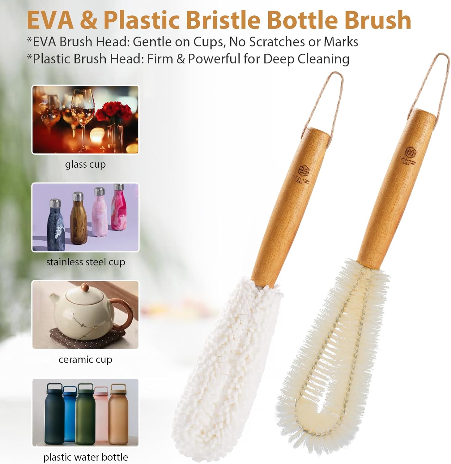 YMZ C&A Bottle Brush Cleaner Set-Teak Wood Handle for Glass Cups, Coffee Cups, Mugs, and Sport Bottles