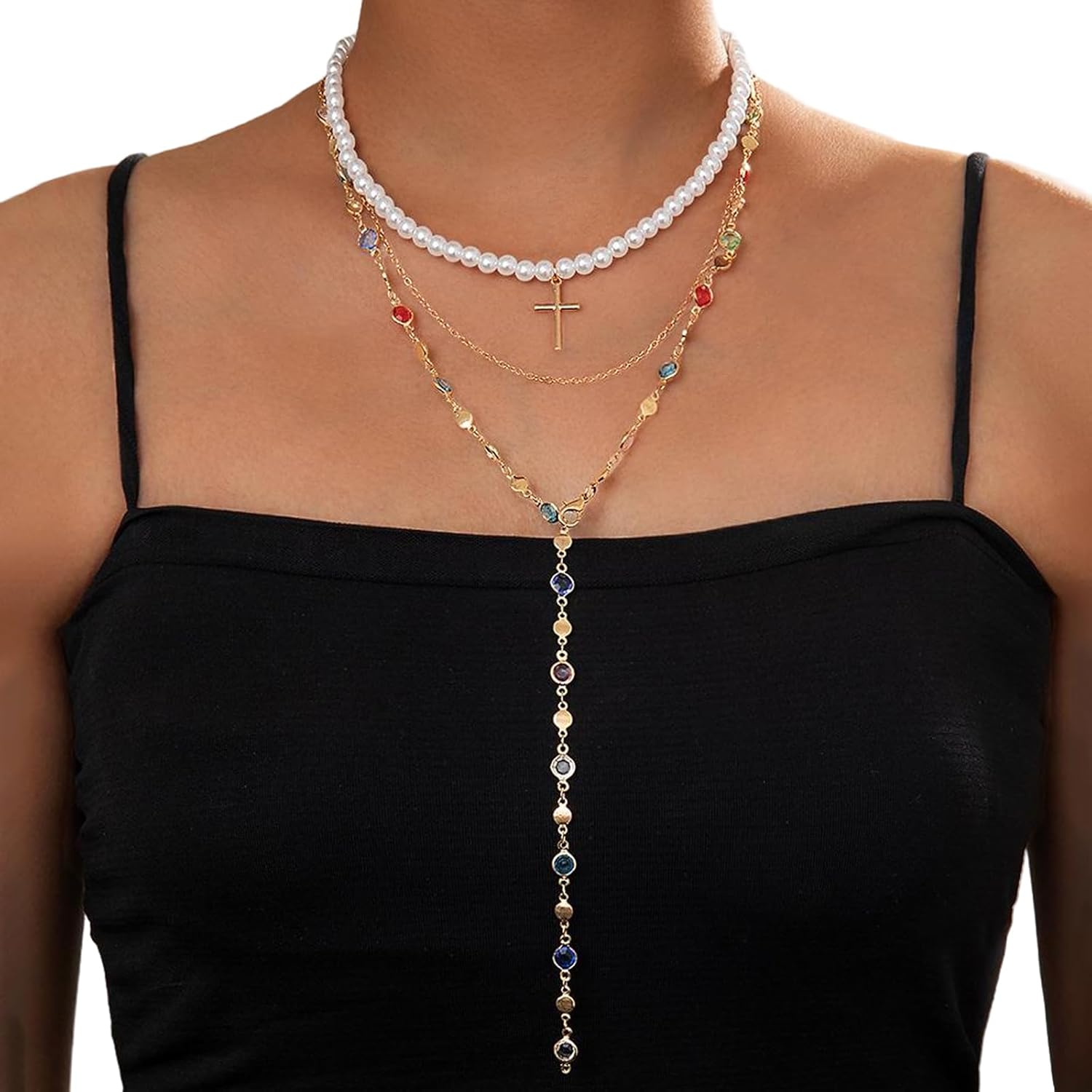Wedding Bridal Pearl Choker Necklace for Women Layered Metal Cross Pendant Clavicle Chain Colorful Crystal Y Shape Long Tassel Body Chain Jewelry - Image 2