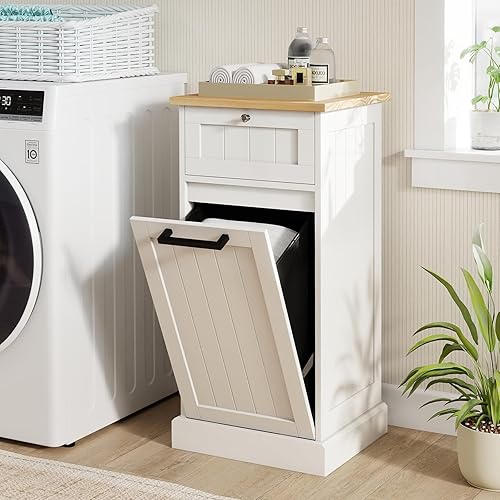 Giantex Gabinete de cesta de lavandería inclinable, gabinete de almacenamiento de baño con cajón, cesta de lavandería extraíble, encimera de bambú,