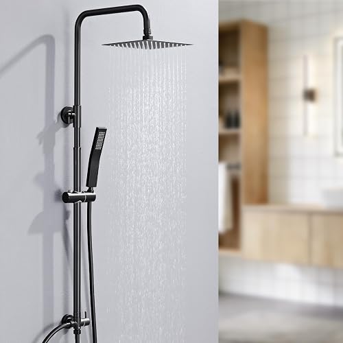 Auralum Columna Ducha sin Grifo, Set de Ducha Negra con Cabezal de Ducha Lluvia 20×20 cm Cuadrado Acero Inoxidable, Alcachofa, Barra de Ducha Altura Regulable 68-108cm, válvula desviadora de Latón