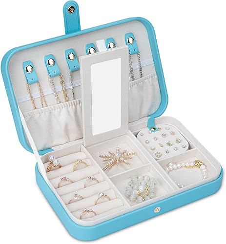 V-LAFUY Joyero de viaje pequeño con espejo, caja de joyería portátil de viaje para mujeres y niñas, estuche de joyería para viajes, azul N