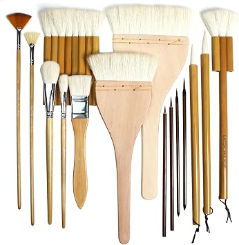 GACDR Pottery Brushes for Glazing, 15 Pcs Ceramic Brush Set With Storage Box, Wool Bamboon Hake for Pottery, Acrylic, Watercolor