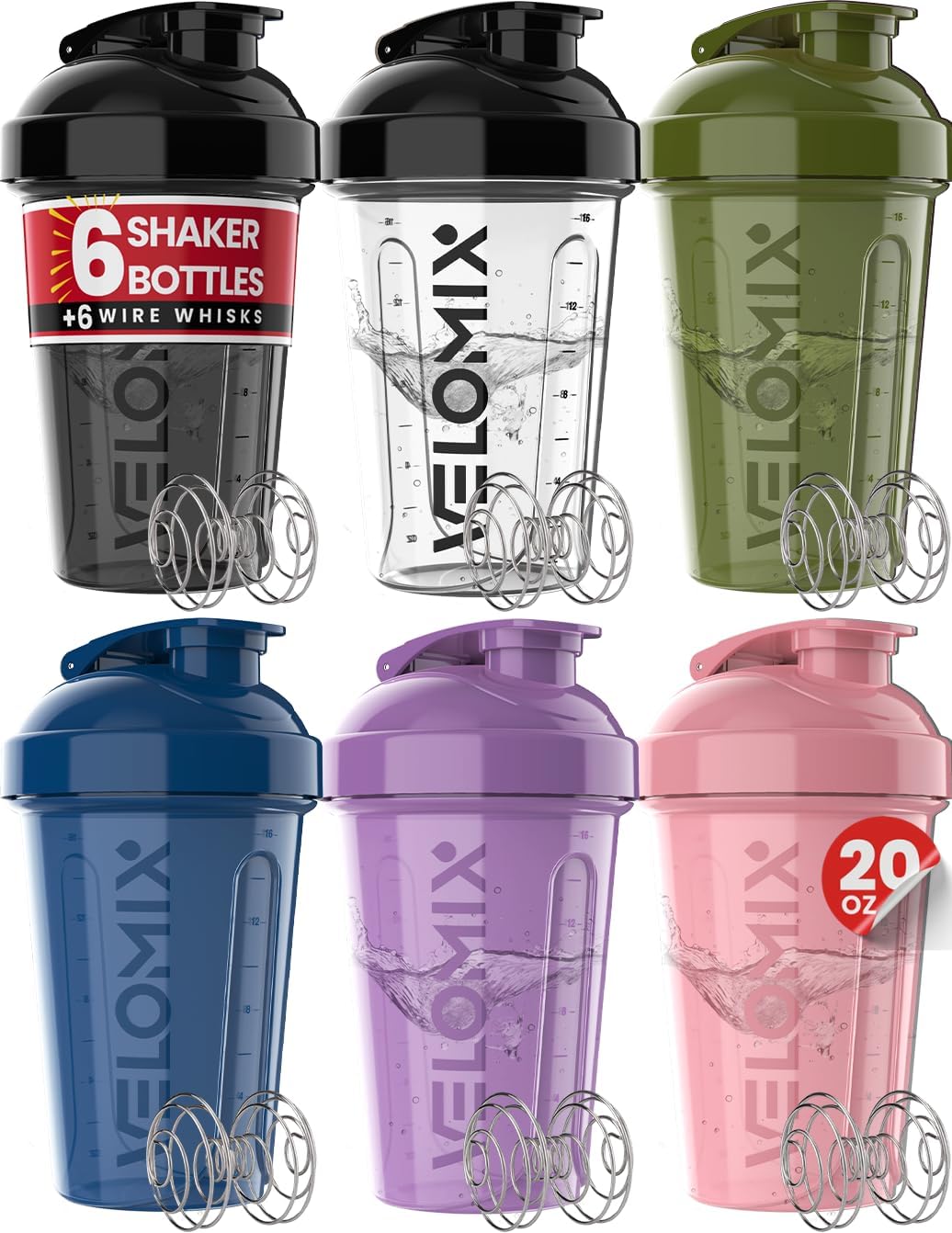 VELOMIX -6 PACK- 20 oz Protein Shaker Bottle for Protein Mixes - 6x Wire Whisk | Leak Proof Shaker Cups for Protein Shakes| Stackable Protein Shaker Bottle Pack | Dishwasher Safe (Muted Contrast)
