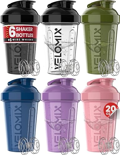 VELOMIX -Paquete de 6 vasos agitadores para batidos de proteínas de 20 onzas  6 batidores de alambre  Botella mezcladora de proteínas a prueba de