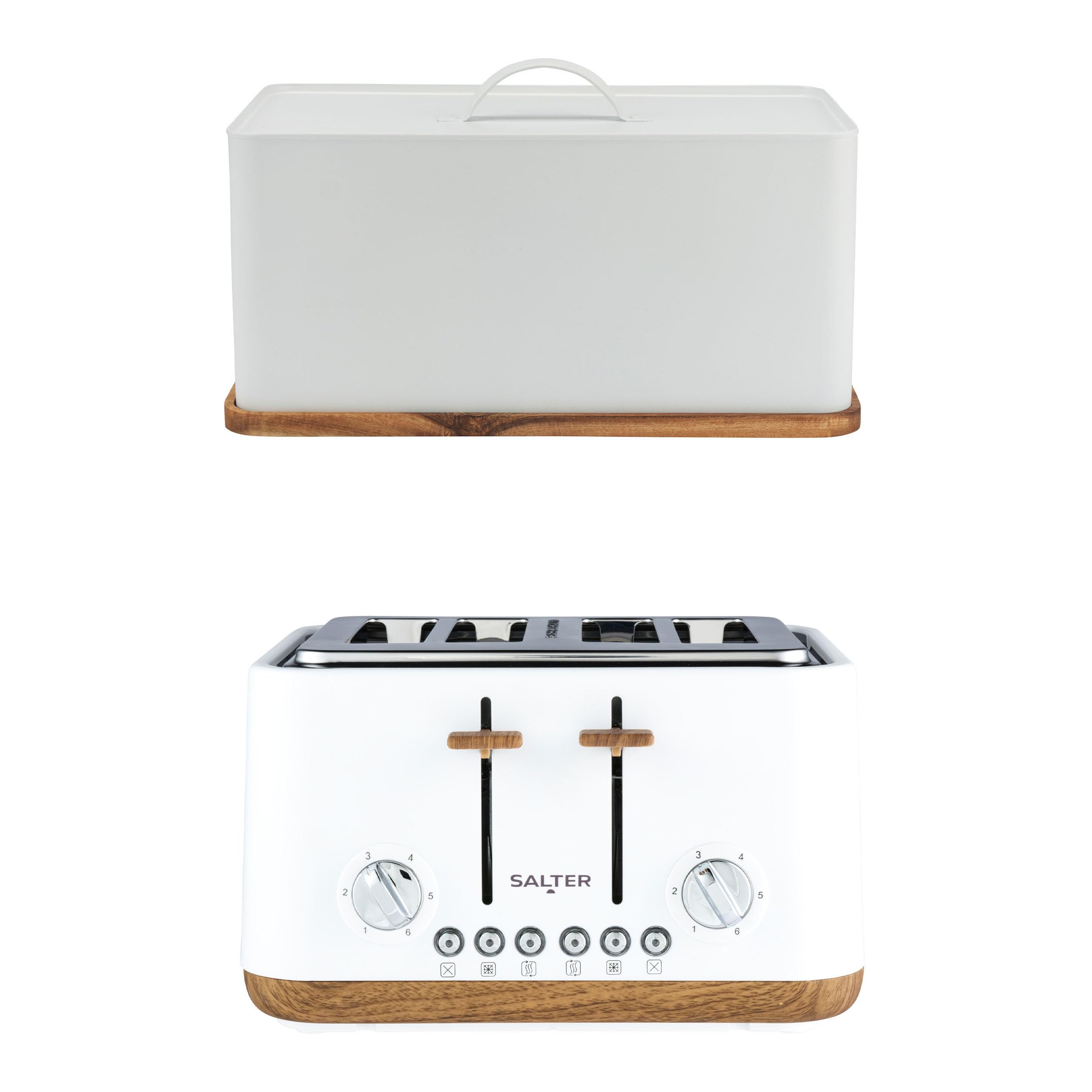 Salter Toronto Toaster & Bread Bin Set – 4-Slice Toaster with 6 Browning Levels, Cancel, Reheat & Defrost, Large Bread Bin with Chopping Board, Wooden Base for Chopping/Serving, White, COMBO-9538