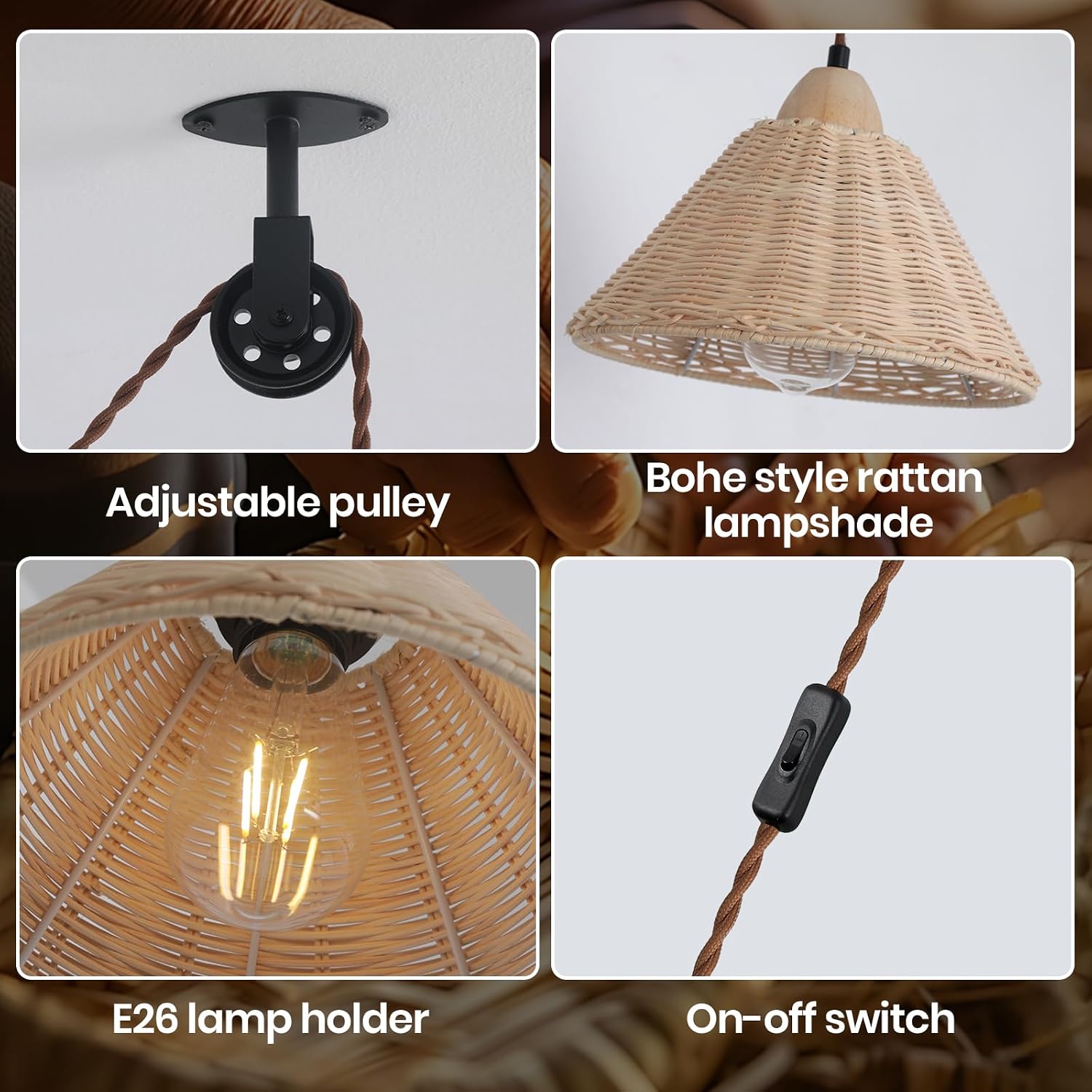 Boho Plug in Pendant Light Rattan Hanging Lamp with Adjustable Pulley Rustic Farmhouse Hanging Lights with Plug in Cord Hand Woven Wicker Lamp for Bedroom Living Room Kitchen Island.