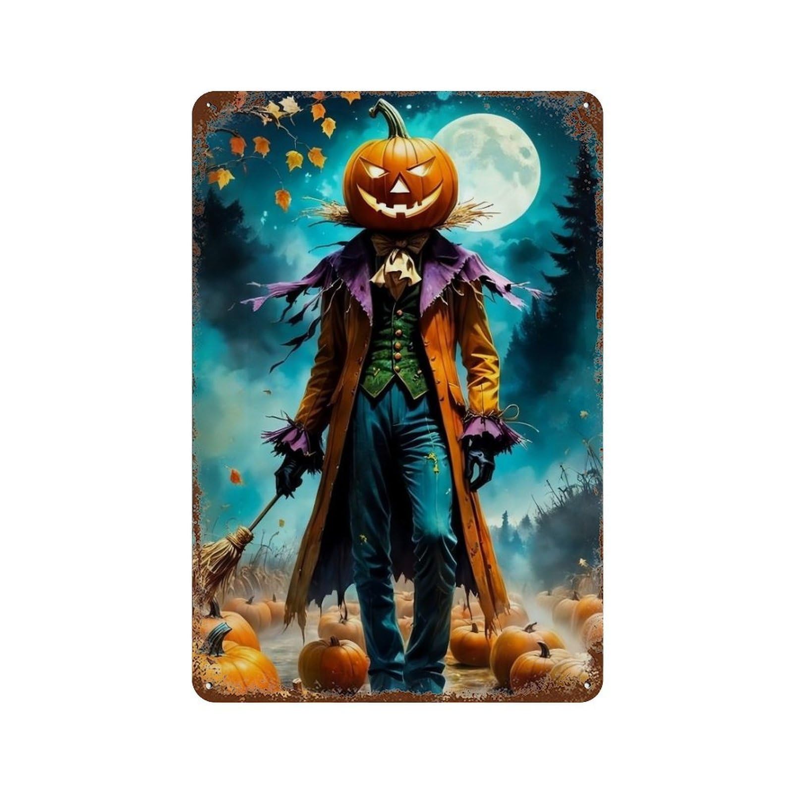 Rustic Tin Plaque with Pumpkin Head Halloween Scarecrow Design 11.8"x7.9", for Cafe, Home Bar And Lounge Decor, Industrial Home Decor
