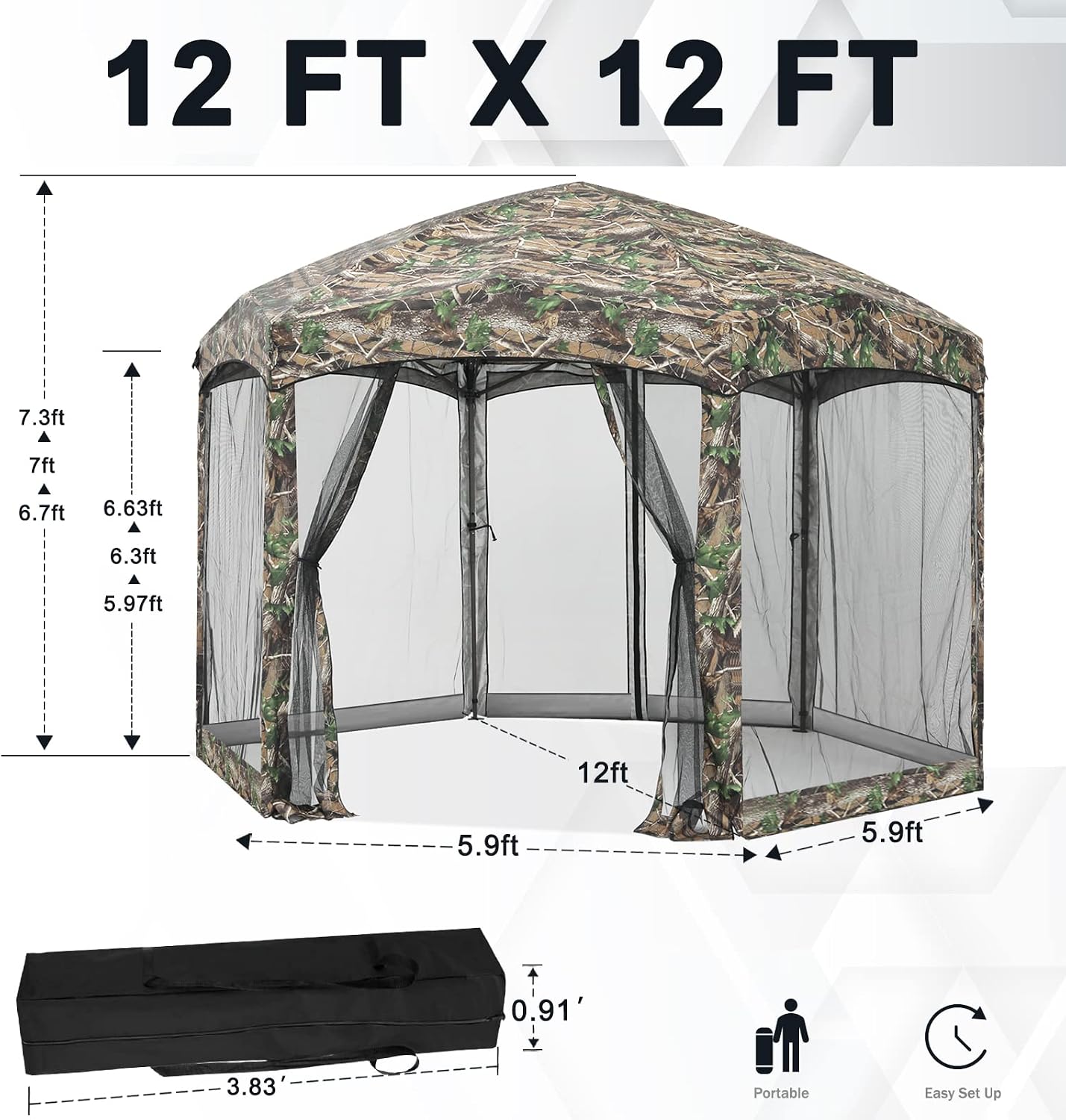 COOSHADE Pop Up Camping Gazebo 6 Sided Instant Screened Canopy Tent Outdoor Screen House Room(12x10Ft,Camouflage)