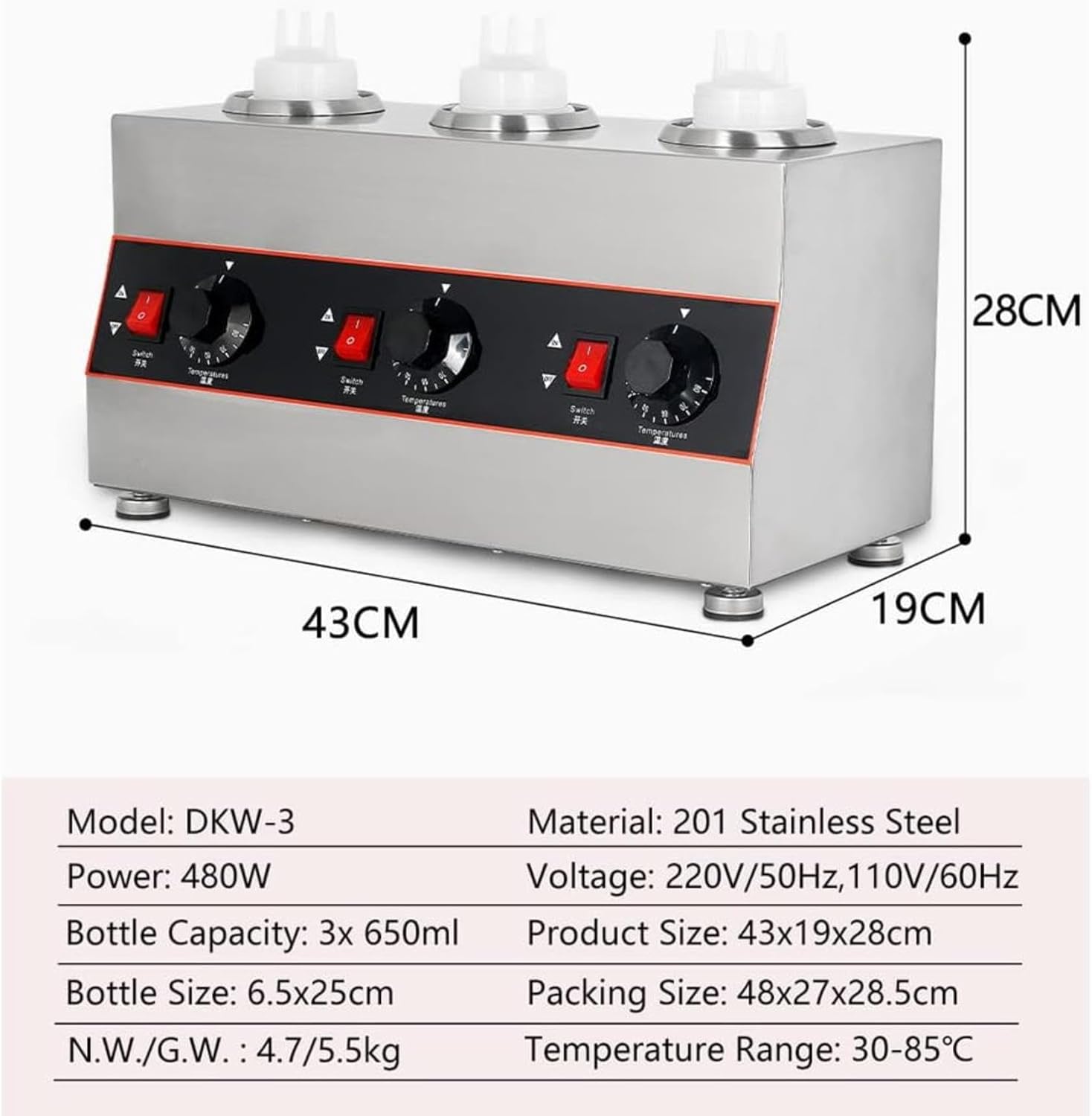 Commercial Electric Sauce Warmer 3 Pot, 480W Stainless Steel Countertop Sauce Dispenser, Adjustable Temperature from 30 to 85℃, Chili Hot Fudge Cheese Caramel Jam Sauce Warmer