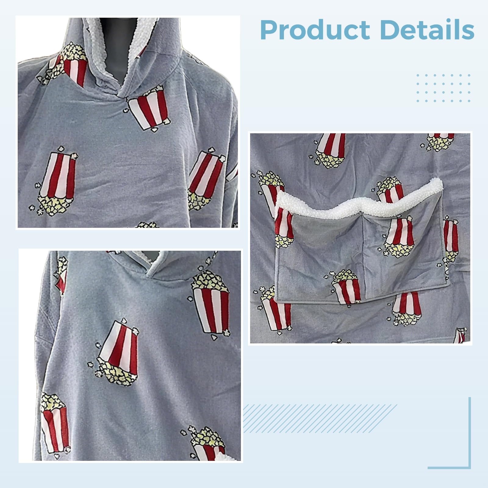 Coperta con cappuccio e tasca condivisa, felpa con doppio cappuccio con stampa popcorn, pigiama abbinato, regalo per coppie o amici