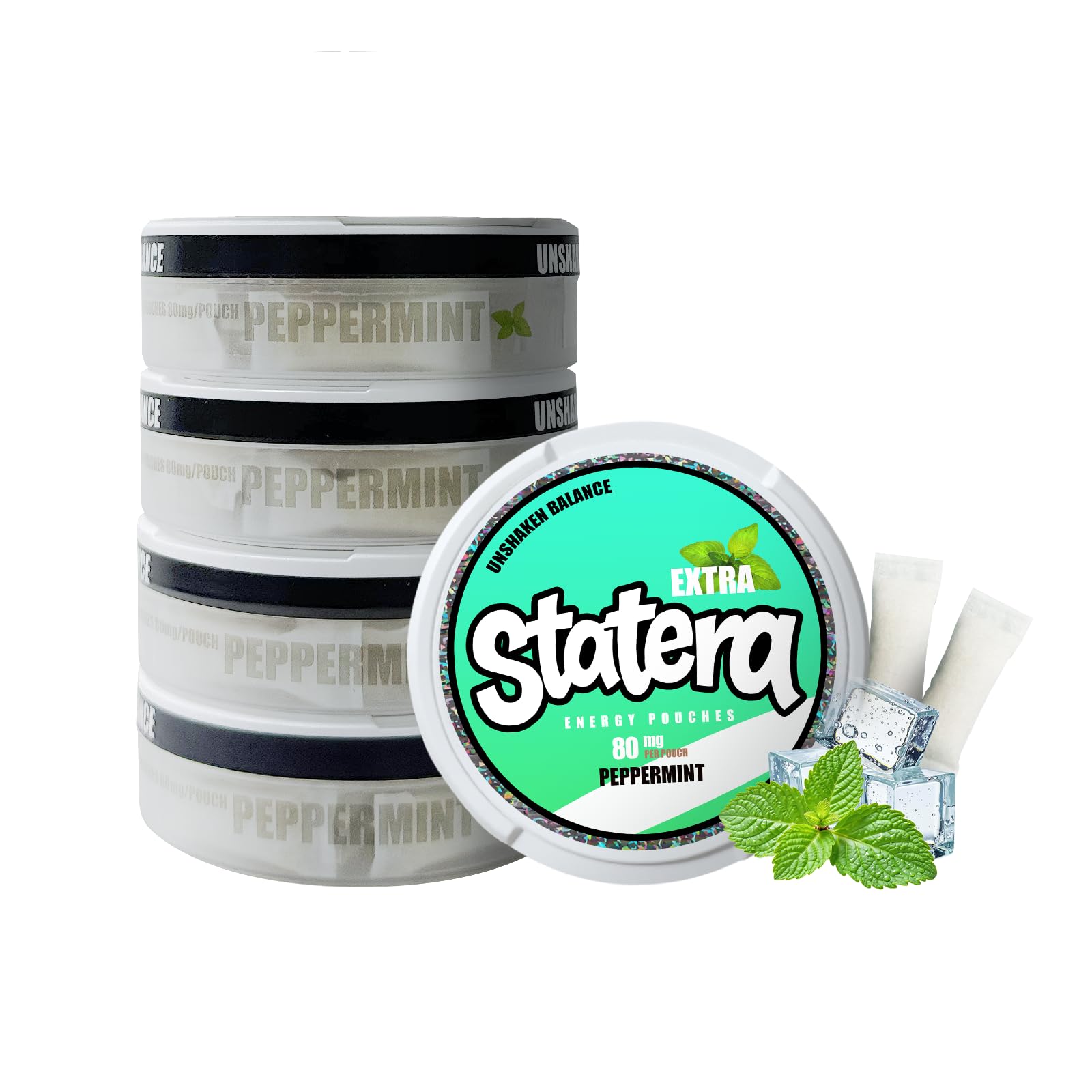 Statera Energy Pouches with Natural Caffiene - Extra Peppermint, 80mg Caffeine per Pouch, Energy suplement, 20 Pouches Per Can - (5 Pack)